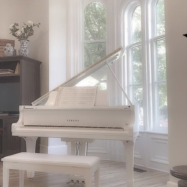 a white piano sitting in the middle of a living room