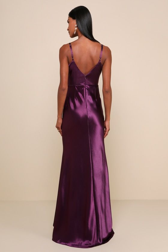 Glow up, girl! In the Lulus Make You Shine Dark Purple Satin Mermaid Maxi Dress, you'll be outshining everyone with your amazing style! Textured woven satin shapes a scoop neckline, a V-back, and a sleeveless, princess-seamed bodice supported by adjustable spaghetti straps. A fitted waist tops a full-length maxi skirt with a flattering mermaid hem. Hidden back zipper/clasp. Fit: This garment fits true to size. Length: Floor length. Size medium measures 54.5" from top to bottom. Bust: Great for a Deep Purple Dress Classy, Grape Colored Dress, Dark Purple Silk Prom Dress, Plum Purple Outfit, Plum Dress Outfit Wedding, Dark Purple Satin Dress, Purple Formal Dress Long, Purple Qipao, Plum Prom Dress