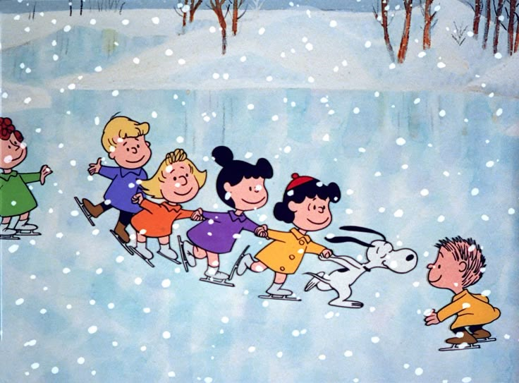 a group of children playing in the snow with mickey mouse and other characters on skis