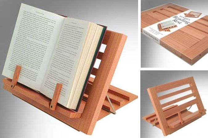 three different views of a book stand with an open book on top and the bottom