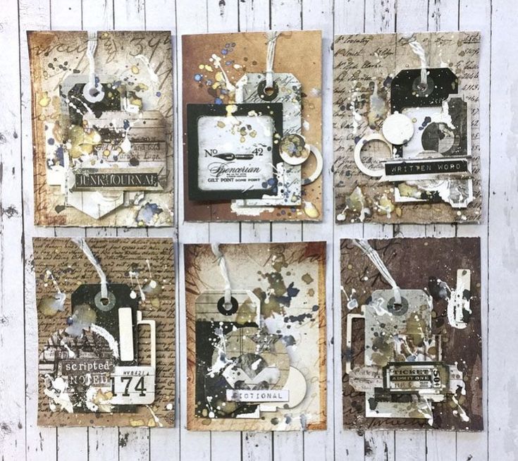 four cards made with mixed media and scrapbook paper, each featuring an altered photo