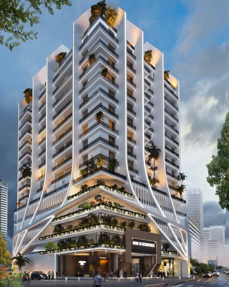 an artist's rendering of a tall building with palm trees growing on the top