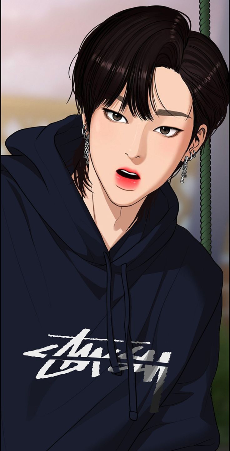 an anime character with black hair wearing a hoodie