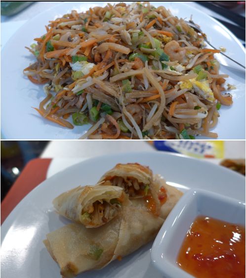 there are two different pictures of food on the plate and in the middle one is an egg roll