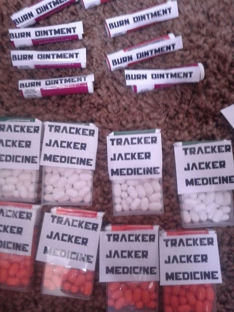 several packets of medicine are on the floor next to each other with labels reading'trackerr medicine '