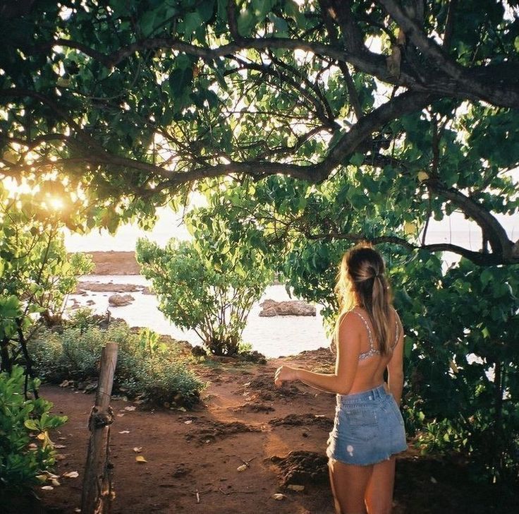 a woman standing under a tree next to the ocean