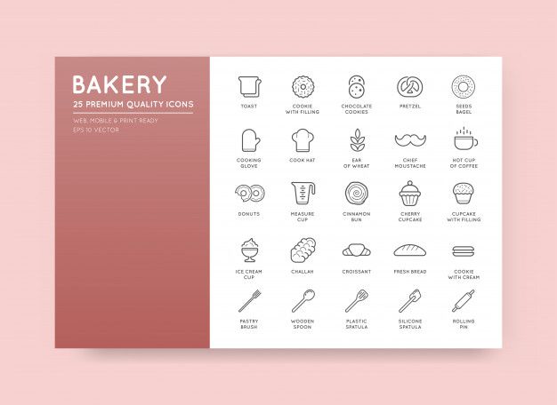 the bakery icon set is shown on a pink background