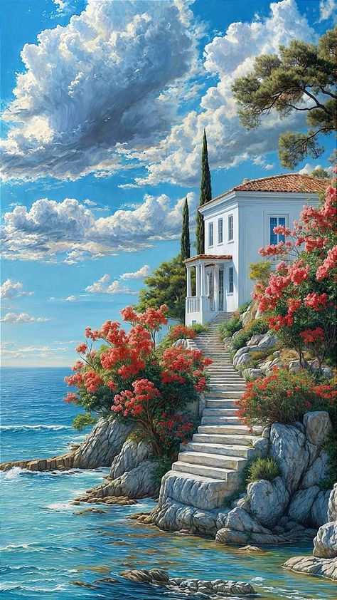 a painting of a house on the shore with stairs leading up to it and flowers growing out of the water