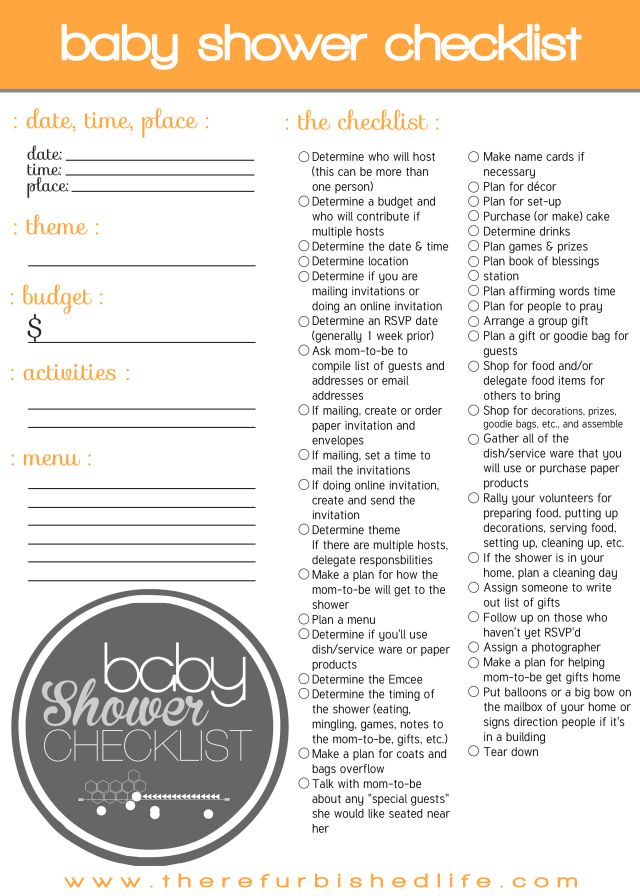 the baby shower checklist is shown in orange and gray