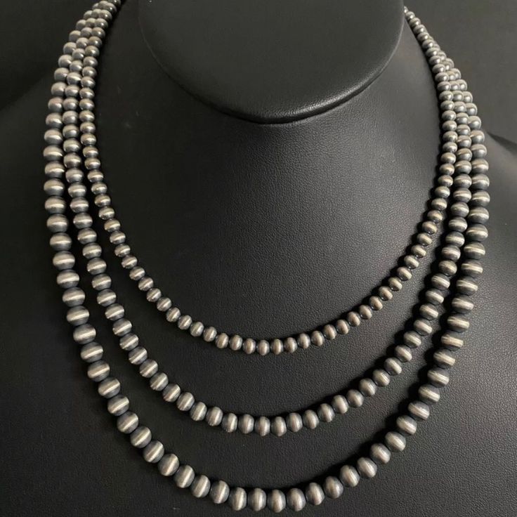 Sterling Silver Layered Navajo Pearls Bead Necklace. 18-22 Inch 5mm, 6mm And 7mm Strand Western Jewelry Necklace Beads, Western Jewelry Necklace, Vintage Navajo Jewelry, Western Things, Jewelry Wishlist, Navajo Pearls, Navajo Jewelry, Western Jewelry, Vintage Navajo