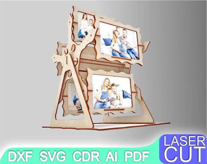 the laser cut photo frame is made out of wood and has four photos on it