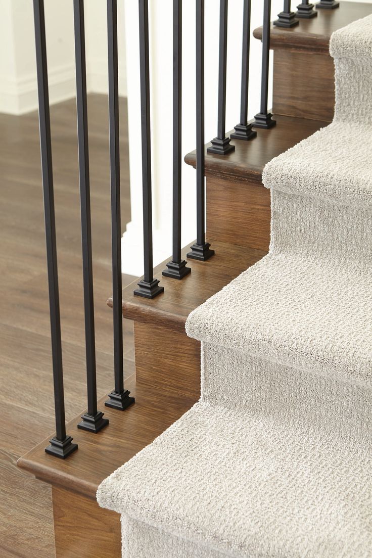 an image of a stair case with carpet on the bottom and handrails down