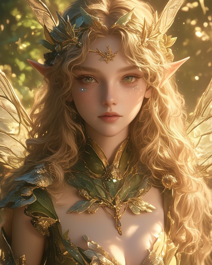 a close up of a woman with long blonde hair wearing gold and green leaves on her body