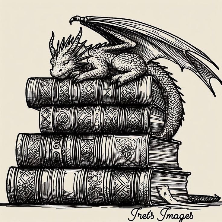 a dragon sitting on top of a pile of books