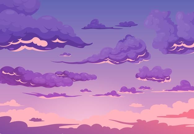 the sky is filled with purple clouds and some pinkish ones are in the foreground