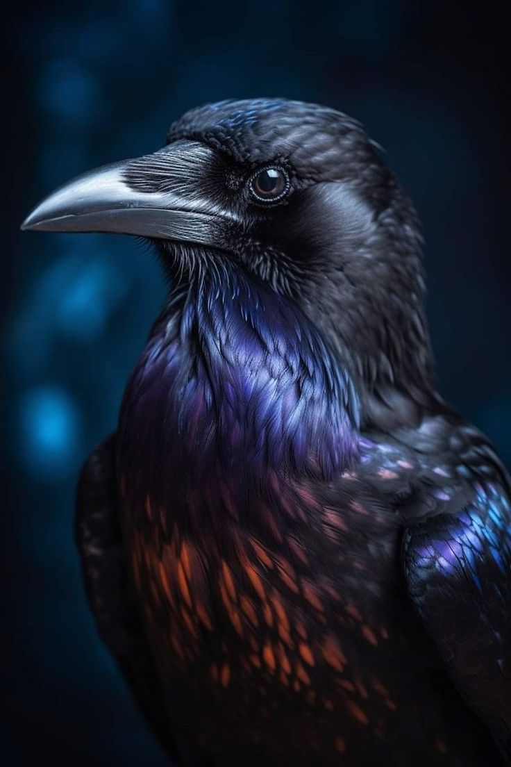 a close up of a black bird on a dark background with blue and red highlights