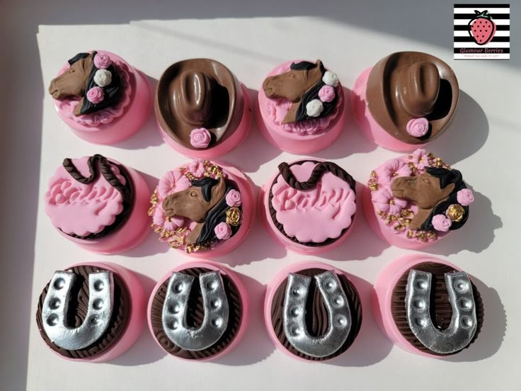 cupcakes decorated with pink frosting and chocolate icing are arranged in the shape of horseshoes