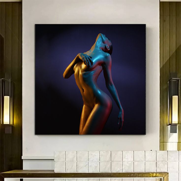 an abstract painting of a woman's body in blue and orange on a wall