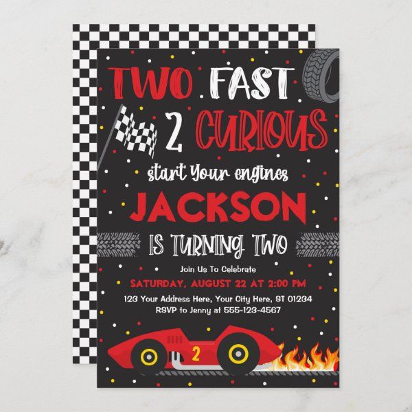 a birthday party card with a race car on the front and two fast 2 curiouss on the back