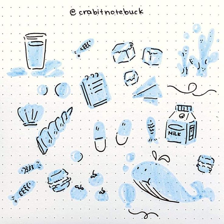 a notebook with blue ink on it and various items drawn by hand in front of the page