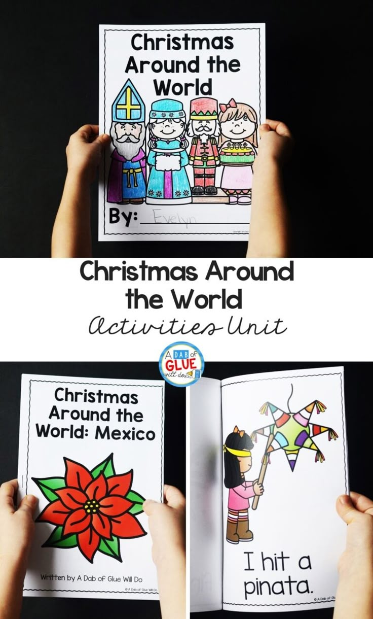 the christmas around the world activity book is being held in front of two children's hands