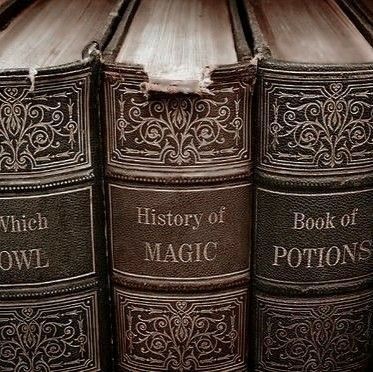 three books sitting on top of each other in front of a book shelf with the words, history of magic