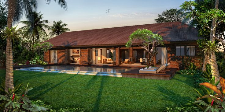 an artist's rendering of a tropical house in the middle of palm trees and grass