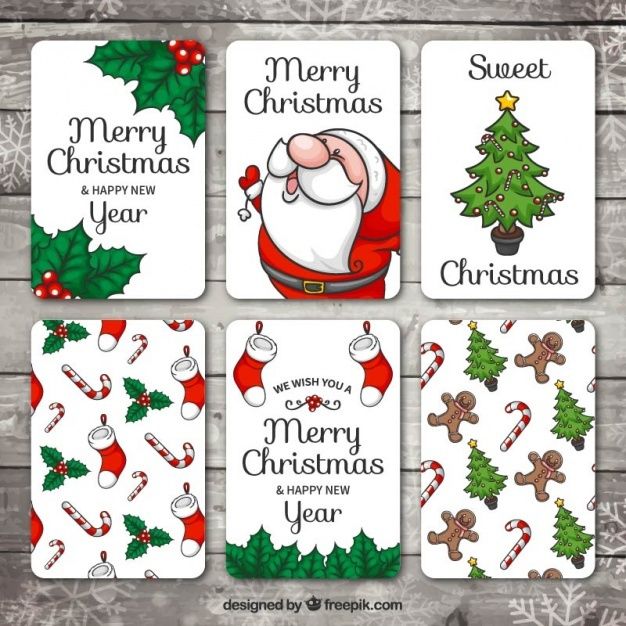 four christmas cards with santa claus, holly and stockings on the bottom one is for merry christmas