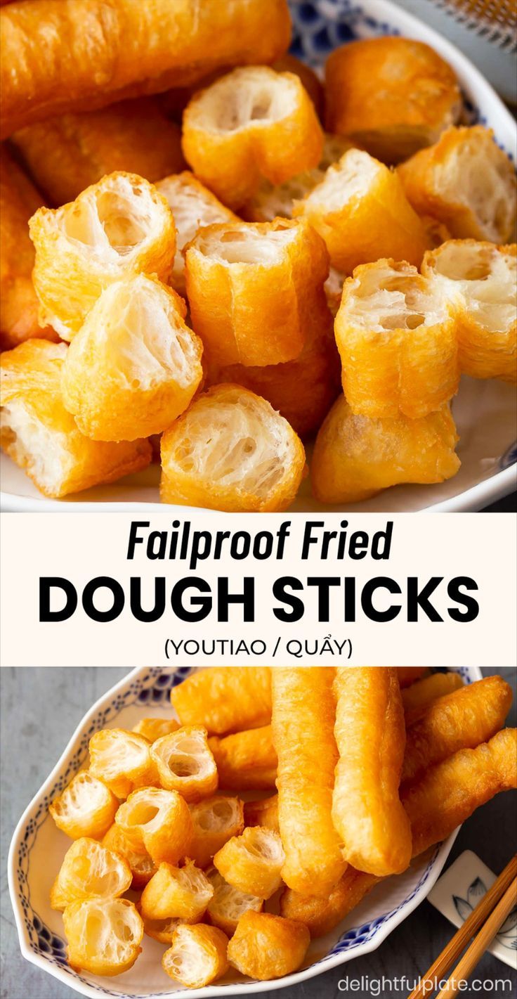 a plate of fried dough sticks (Chinese youtiao) Chinese Fried Dough, Asian Dough Recipes, Chinese Bakery Recipes, Asian Baking Recipes, Asian Snack Recipes, Crispy Desserts, Chinese Donut Recipe, You Tiao Recipe, Fried Bread Dough