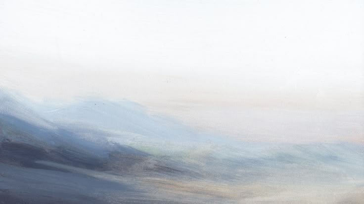 an abstract painting with white and blue colors on the top of a mountain range in the distance