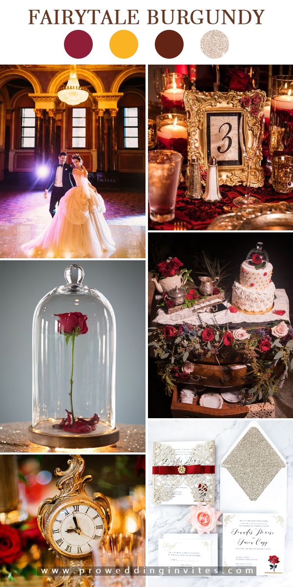 a collage of different wedding photos with red roses and gold accents, including an ornate clock