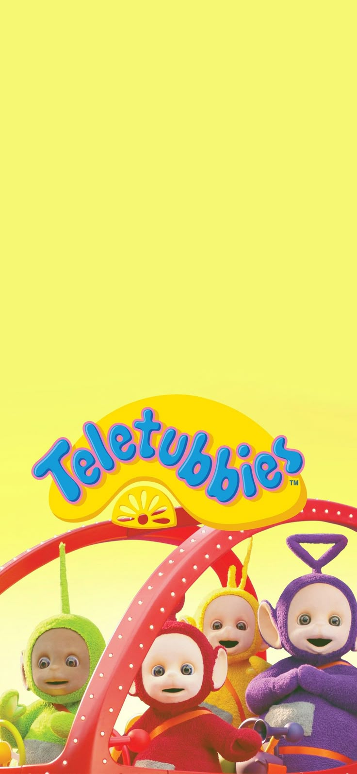 the teletubies are riding in a toy car