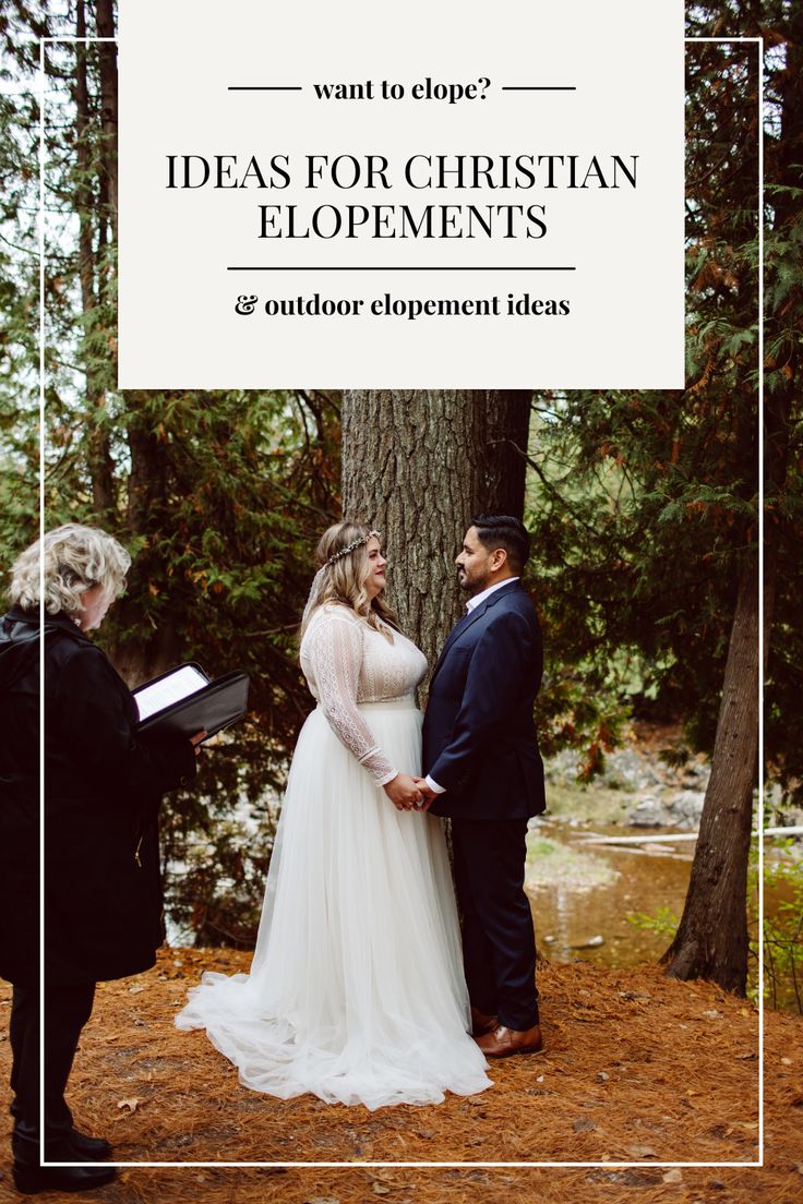 a man and woman standing next to each other in front of a tree with the words, ideas for christian elopements