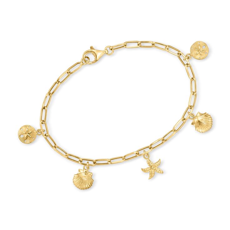 Ross-Simons - 14kt Yellow Gold Sea Life Paper Clip Link Charm Bracelet. 8". Make every day feel a beachy getaway with our sea life-inspired bracelet! Handcrafted in textured and polished 14kt yellow gold, the paper clip link chain suspends glittery seashell, starfish and sand dollar charms. Lobster clasp, 14kt yellow gold sea life paper clip link charm bracelet. Beachy Charm Bracelet, Gold Strand Bracelet With Ocean-inspired Style, Gold Bracelets With Lobster Clasp For Vacation, Gold Bracelet With Lobster Clasp For Vacation, Summer Jewlery, Beachy Accessories, Paper Bracelet, Jewelry Presentation, Summer Vision