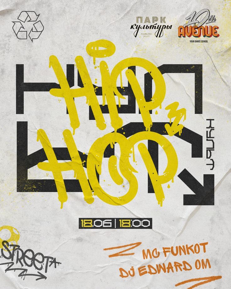 a poster with the words hip hop hop written in black and yellow on white paper