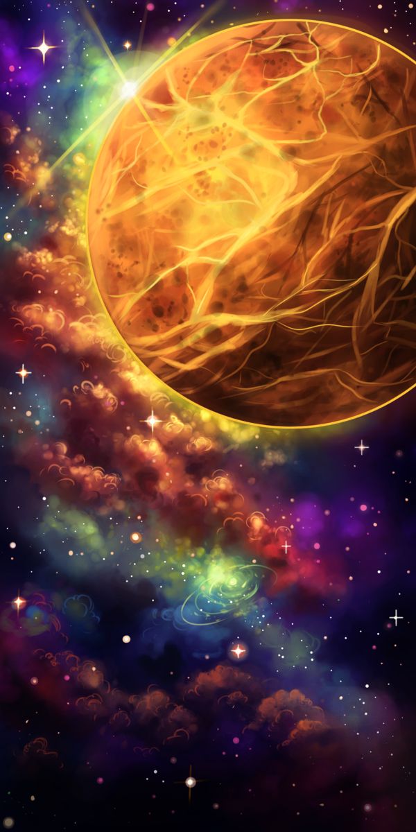 an artist's rendering of a planet in the sky with stars and clouds around it