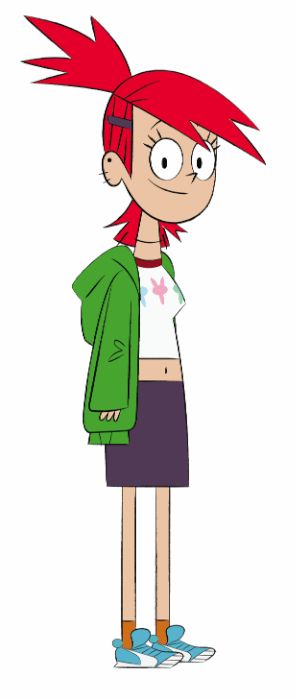 a cartoon girl with red hair wearing a green jacket