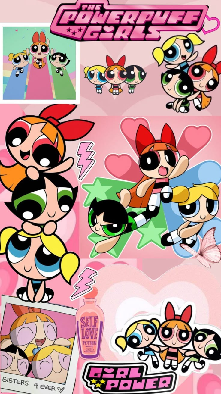 the powerpuff girls cartoon characters are depicted in this graphic art work, which includes pink