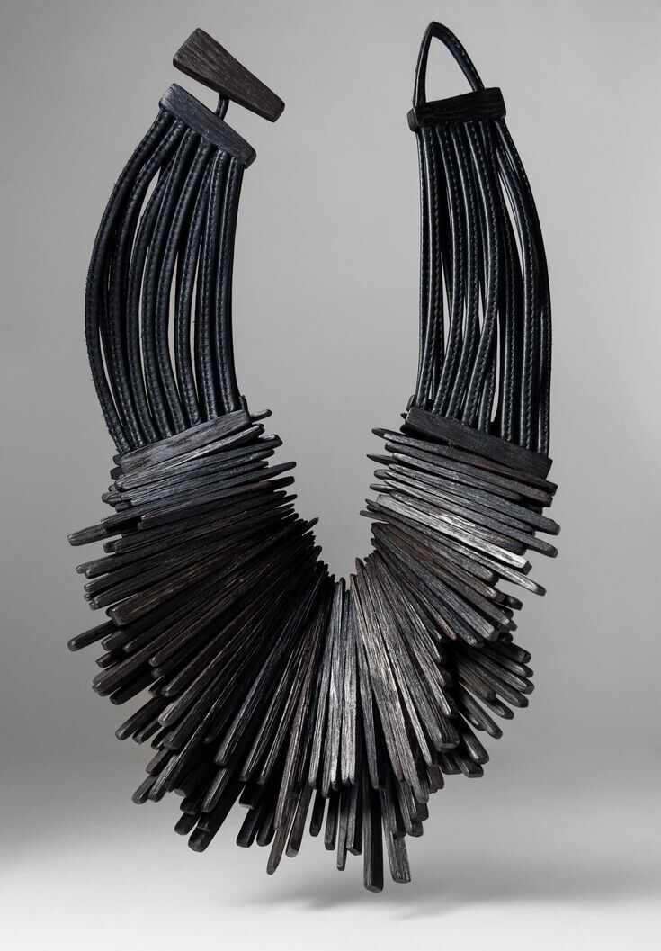 Stunning Gerda Lynggaard-Monies Leather & Ebony Wood Massive Two Strand Necklace Handmade Black Leather Necklace, Unique Leather Necklace, Elegant Black Leather Necklaces, Elegant Black Leather Necklace, Modern Black Necklace With Oxidized Finish, Artisan Black Necklace With Oxidized Finish, Handmade Black Leather Jewelry, Unique Black Leather Jewelry, Monies Jewelry