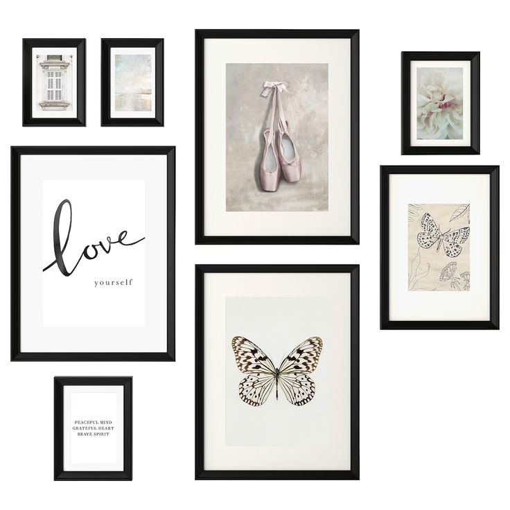 several framed pictures are hanging on the wall with different designs and words above them that say love