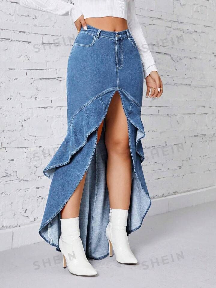 Folded Skirt, Asymmetrical Fitted Denim Skirt, Asymmetrical Hem Denim Skirt, Asymmetrical Fitted Denim Skirt For Spring, Dark Wash Bottoms With Asymmetrical Hem For Summer, Asymmetrical Hem Denim Bottoms, Asymmetrical Blue Denim Skirt For Spring, Asymmetrical Hem Denim Bottoms In Blue, Denim Blue Asymmetrical Hem Skirt