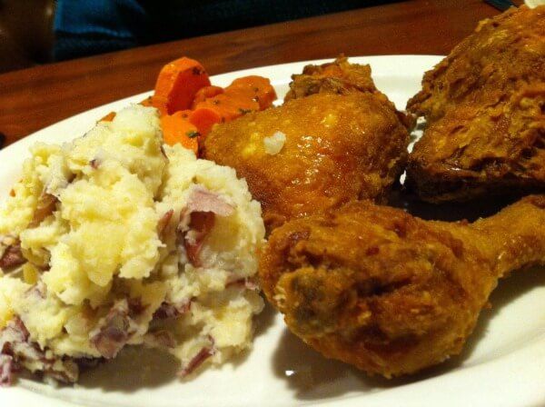 fried chicken, mashed potatoes and carrots on a plate