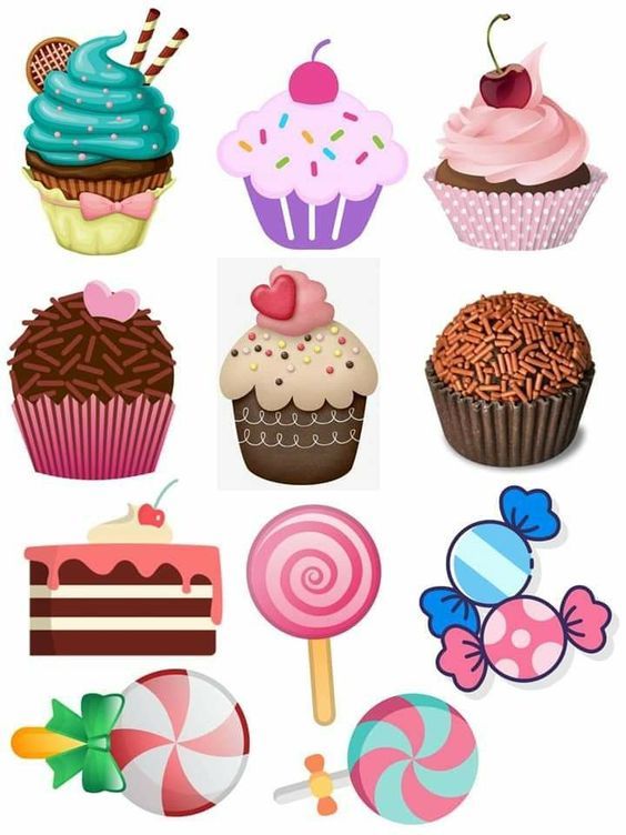 many different types of cupcakes and lollipops on a white background