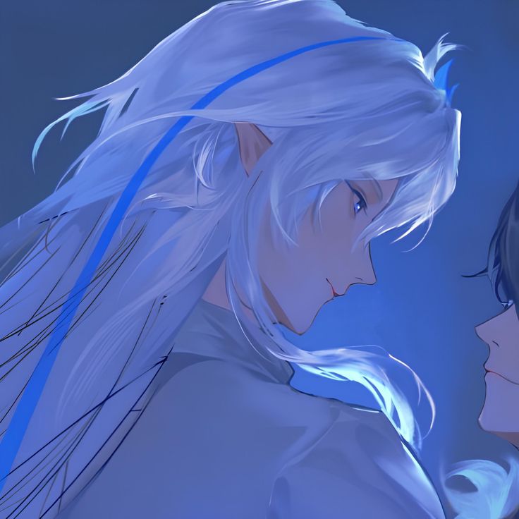 two anime characters facing each other with blue hair and long white hair on their faces