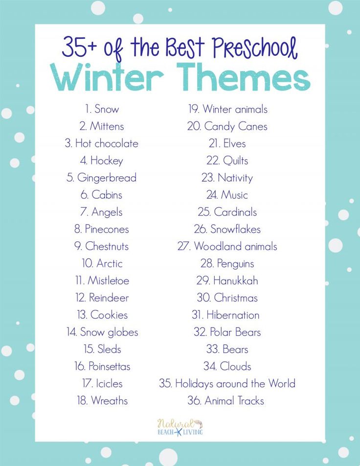 the best preschool winter themes list with snowflakes and words on it in blue