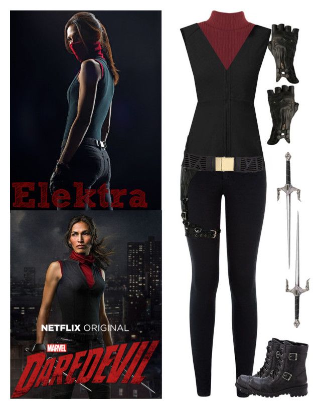 a woman in black and red outfit next to an image of the movie character's poster