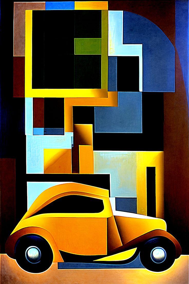 an abstract painting of a yellow car