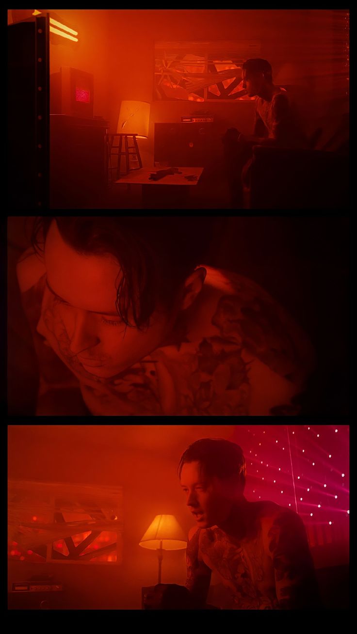 three different shots of a person in the dark with red light coming from behind them