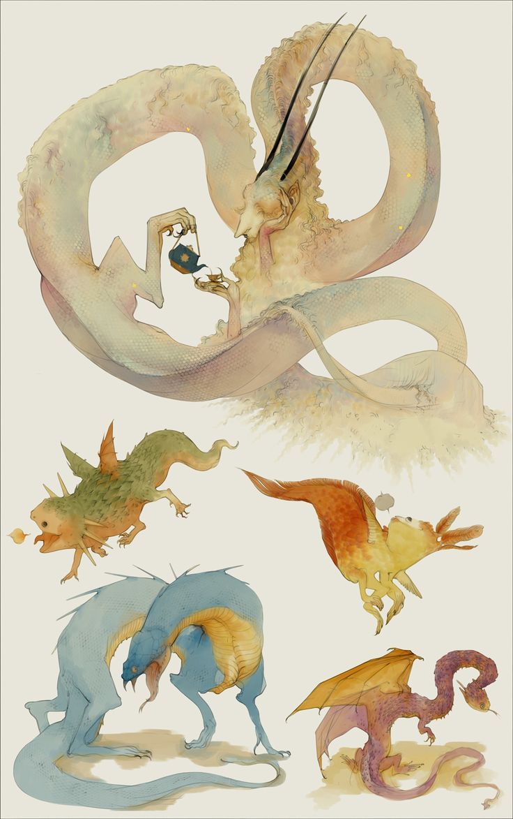 several different colored dragon drawings on a white background