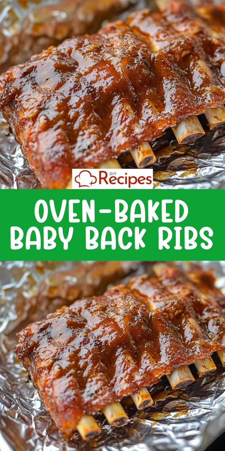 oven baked baby back ribs with bbq sauce on top and in the background text overlay reads, oven baked baby back ribs